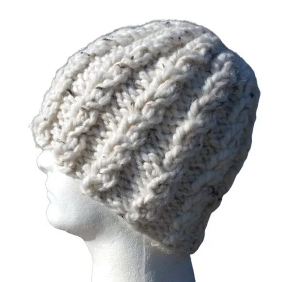 Alpaca Beanie Skully Hat Men Thick Chunky Hand Knit Wool Rib Biscotti White M-L - Picture 1 of 9